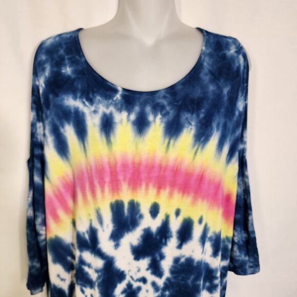 Erin London Womens Top Large Tie Dye 3/4 Sleeve Cold Shoulder Scoop Neck Blue - Picture 3 of 9